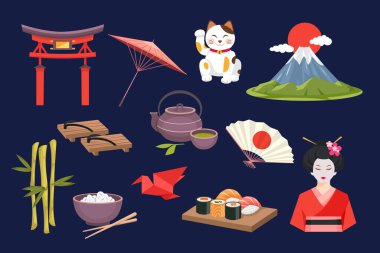 Geleneksel Japon sembol ve özelliklerinin vektör seti. Vektör çizimi. Koyu arkaplanda izole