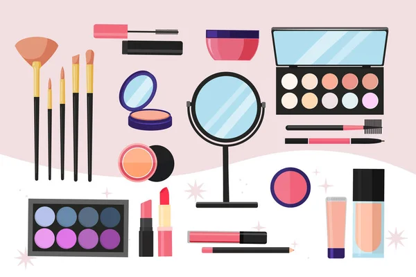 Herramientas Para Maquillaje Conjunto Iconos Cosméticos Sombra Ojos Polvo Pinceles — Vector de stock