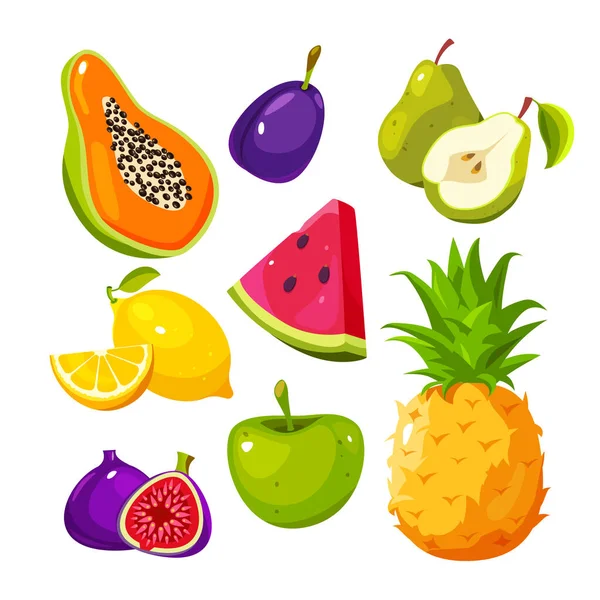 Sweet Fruits Icon Set Papaya Plum Pear Watermelon Lemon Figs — Image vectorielle