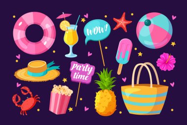 Yaz partisi için sevimli ikonlar: kokteyller, egzotik meyveler, dondurma ve diğer semboller.