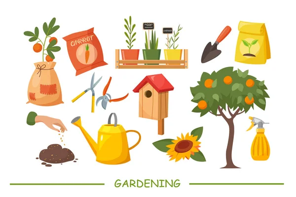 Gartensymbole Gesetzt Set Von Objekten Für Gartenarbeit Und Landwirtschaft Isoliert — Stockvektor