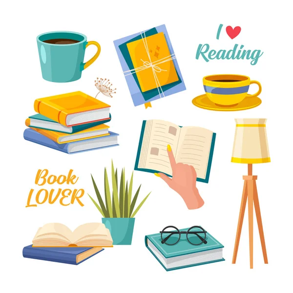 Reading Lovers Cute Set Vector Illustration — Wektor stockowy