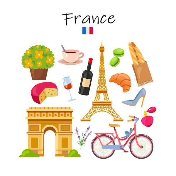 Ensemble Symboles Monuments Français Icônes Voyage Croissant Café Arc Triomphe — Image vectorielle