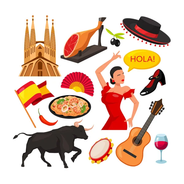12 'den fazla İspanyol sembolünden oluşan bir set: boğa, gitar, paella, şarap, zeytin, mimari, bayrak, Jamon ve diğerleri