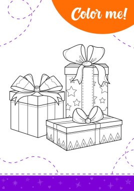 Bayram hediyeli çocuklar için boyama sayfası. Yazdırılabilir çalışma tablosu, vektör illüstrasyonu