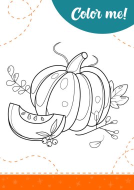 Sonbahar hasadı olan çocuklar için boyama sayfası. Balkabakları ve farklı yapraklar. Yazdırılabilir çalışma tablosu, vektör illüstrasyonu.