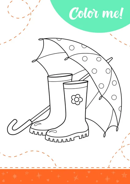 Coloriage Pour Enfants Avec Bottes Caoutchouc Parapluie Une Feuille Calcul — Image vectorielle