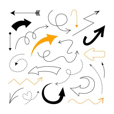 Beyaz arkaplanda el yapımı siyah oklar var. İş için tasarım ögesi, web bilgisi, pankart ve konsept tasarımı.