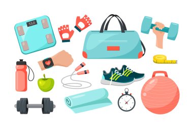Beyaz arka planda izole edilmiş ekipman ve aksesuar ile fitness seti. Sağlıklı yaşam tarzı kavramı