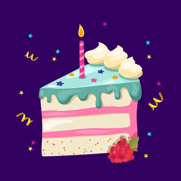 Slice Birthday Cake Candle Happy Birthday Greeting Card Design Element — 스톡 벡터