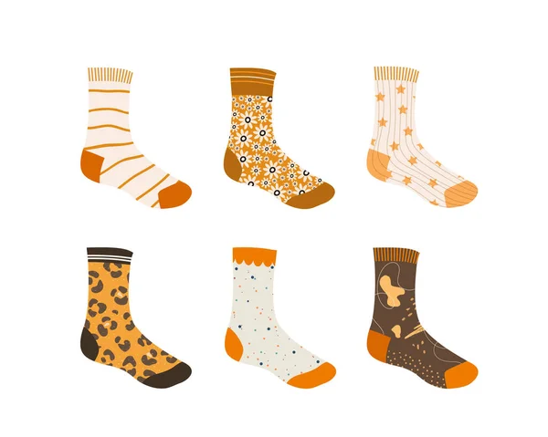 Set Stylish Socks Different Patterns Colors Designs Isolated White Background — Stockvektor