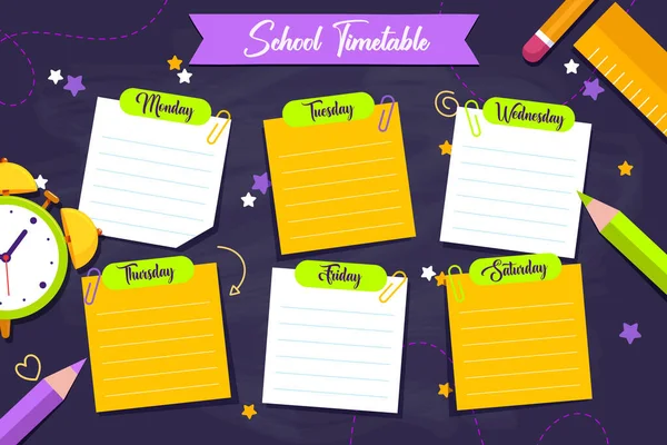 Weekly School Timetable Template Cartoon School Objects Symbols Dark Background — Vector de stock