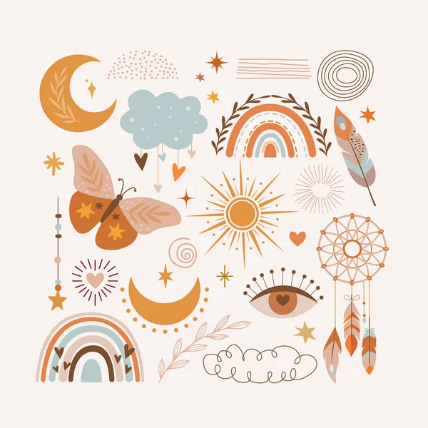 Minimum boho sembolleri seti. Web sitesi, etiket, dövme, çocuk partisi, kıyafet baskıları, tebrik kartları için vektör koleksiyonu