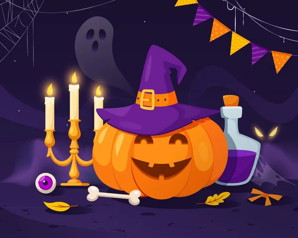 Illustrazione Halloween Immagine Orizzontale Con Zucca Altri Elementi Sullo Sfondo — Vettoriale Stock