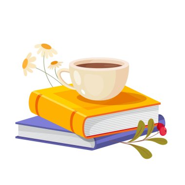Bir fincan çay ve çiçekli kitap yığını. Vektör illüstrasyonu beyaz arkaplanda izole edildi