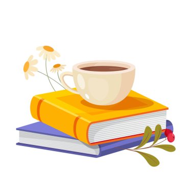 Stack of books with a cup of tea and flowers. Vector illustration isolated on white background clipart