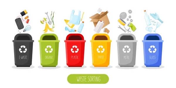 Çöplerle dolu bir konteyner seti. Farklı çöp türleri: organik, metal, plastik, kağıt, cam ve e-atık. Sıfır atık