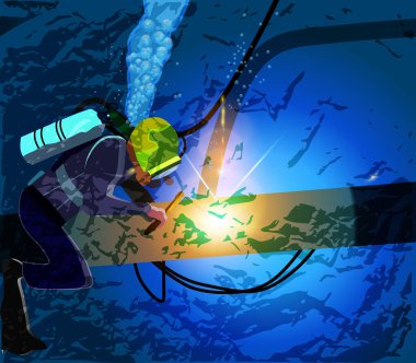 Scuba dalgıcı suyun altında bir boruya kaynak yaptı.