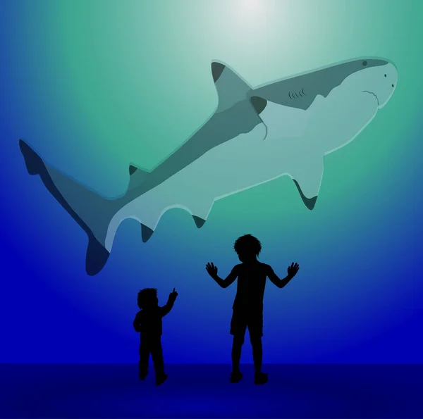Niños Pequeños Acuario Mirar Tiburón Grande — Archivo Imágenes Vectoriales