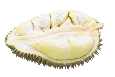 Durian meyvelerinin yarısı beyaz arkaplanda izole