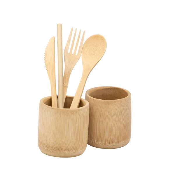 Bambusové Příbory Vidlička Jedno Použití Lžička Nůž Sláma Bambusovém Poháru — Stock fotografie