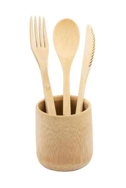Příbory Bambusového Dřeva Vidlička Jedno Použití Lžička Nůž Bambusovém Šálku — Stock fotografie