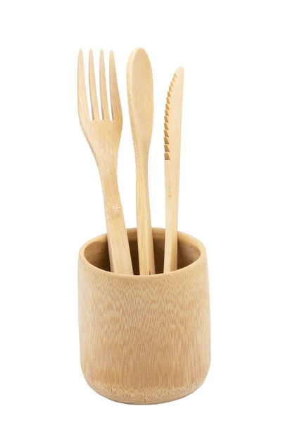 Příbory Bambusového Dřeva Vidlička Jedno Použití Lžička Nůž Bambusovém Šálku — Stock fotografie