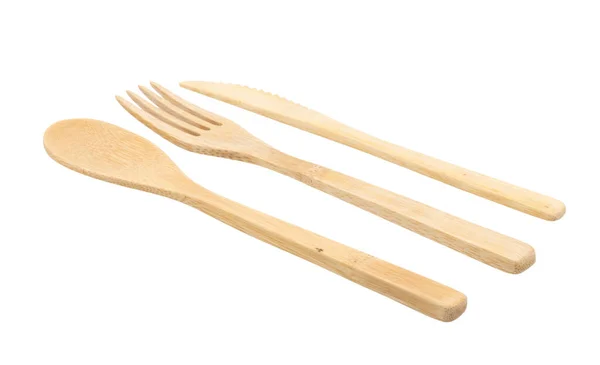 竹木餐具 一次性叉子 用白色背景隔离的天然材料制成的刀 — 图库照片