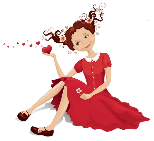 Ładna dziewczyna z serca w ręku - Walentynki ilustracja latający — Zdjęcie stockowe