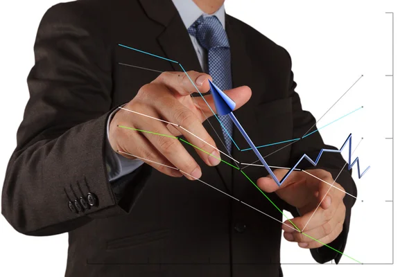 Homem de negócios empurrando gráfico solução em uma interface de tela de toque — Fotografia de Stock