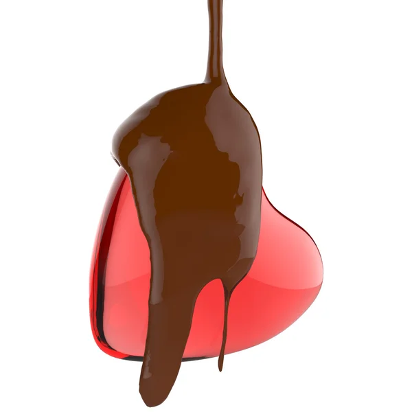 Close up chocolate syrup leaking over heart shape symbol — Stock Photo, Image