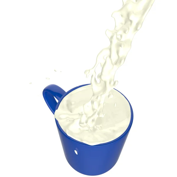 Salpicadura de leche en taza azul — Foto de Stock