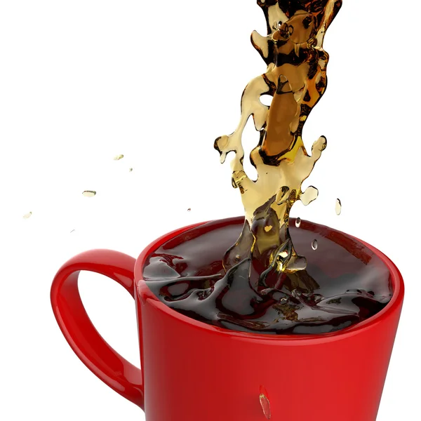 Verter café salpicando en taza roja — Foto de Stock