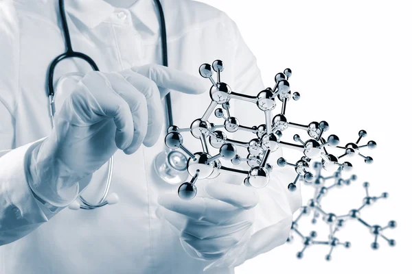 Scientist doctor hand touch virtual molecular structure in the l — Stock Photo, Image