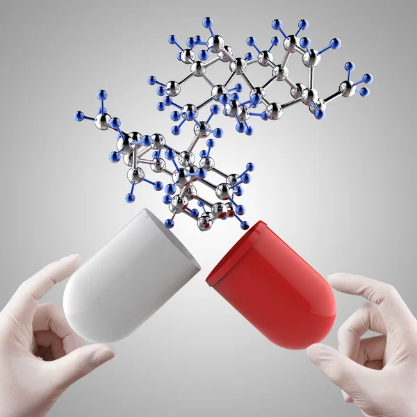 과학자 의사 손 터치 패에서 가상 분자 구조 — 스톡 사진