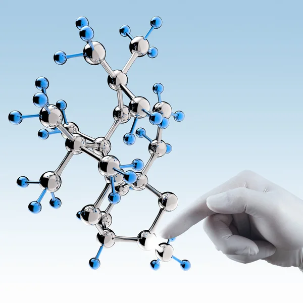 Cientista mão toque mão estrutura molecular virtual no l — Fotografia de Stock