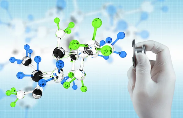 科学家医生手触摸虚拟分子结构中，l — 图库照片