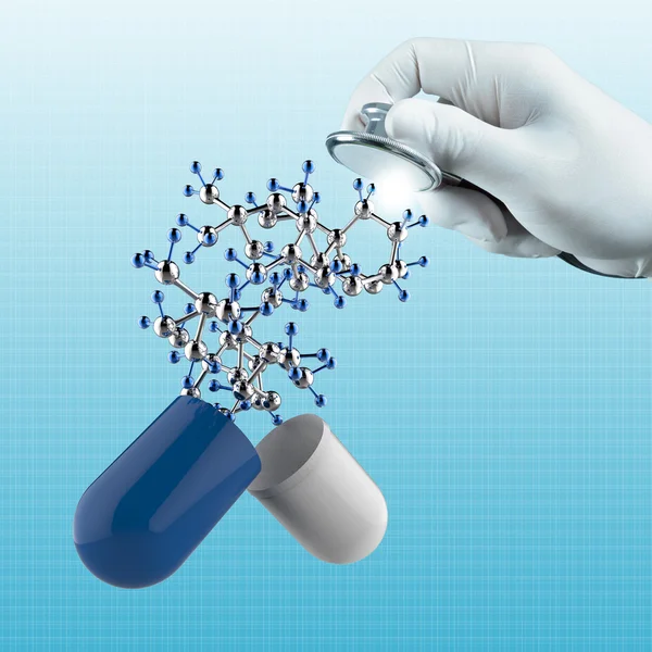 Cientista mão toque mão estrutura molecular virtual no l — Fotografia de Stock