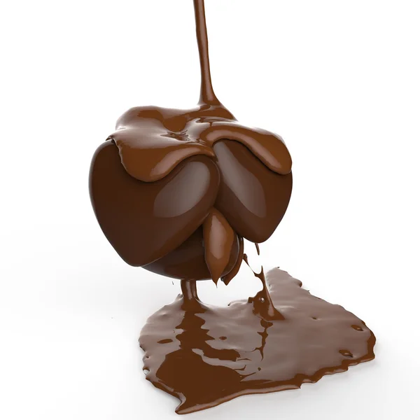 Fechar xarope de chocolate vazando sobre o símbolo de forma do coração — Fotografia de Stock