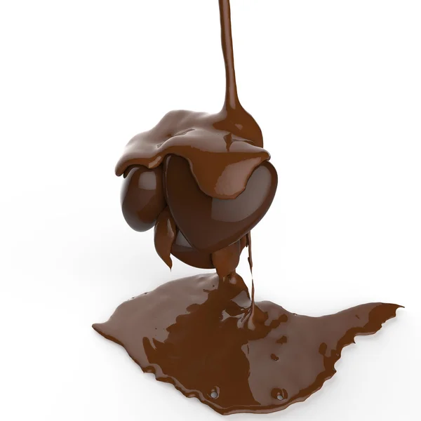 Close up chocolate syrup leaking over heart shape symbol — Stock Photo, Image