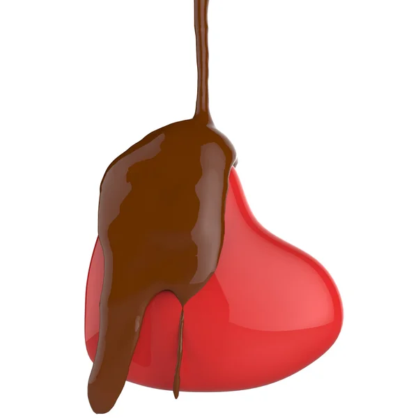 Close up chocolate syrup leaking over heart shape — Stock Photo, Image