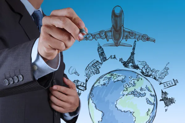 Hand draws airplane travel around the world — Stock Photo, Image