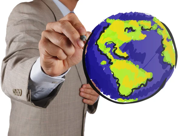 Businessman hand drawing abstract globe — Stock Photo, Image