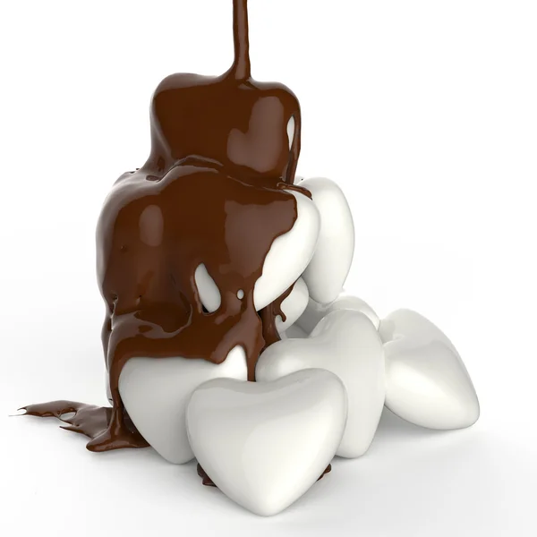 Choklad sirap läcker över hjärtsymbolen form — Stockfoto