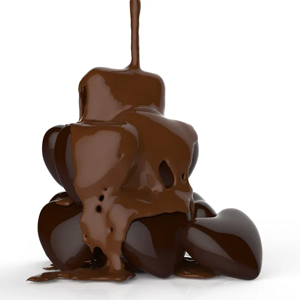 Крупним планом шоколадний сироп, що витікає над символом форми серця — стокове фото