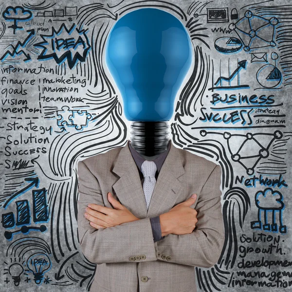 Biznesmen z głowy niebieskie światło żarówka — Zdjęcie stockowe