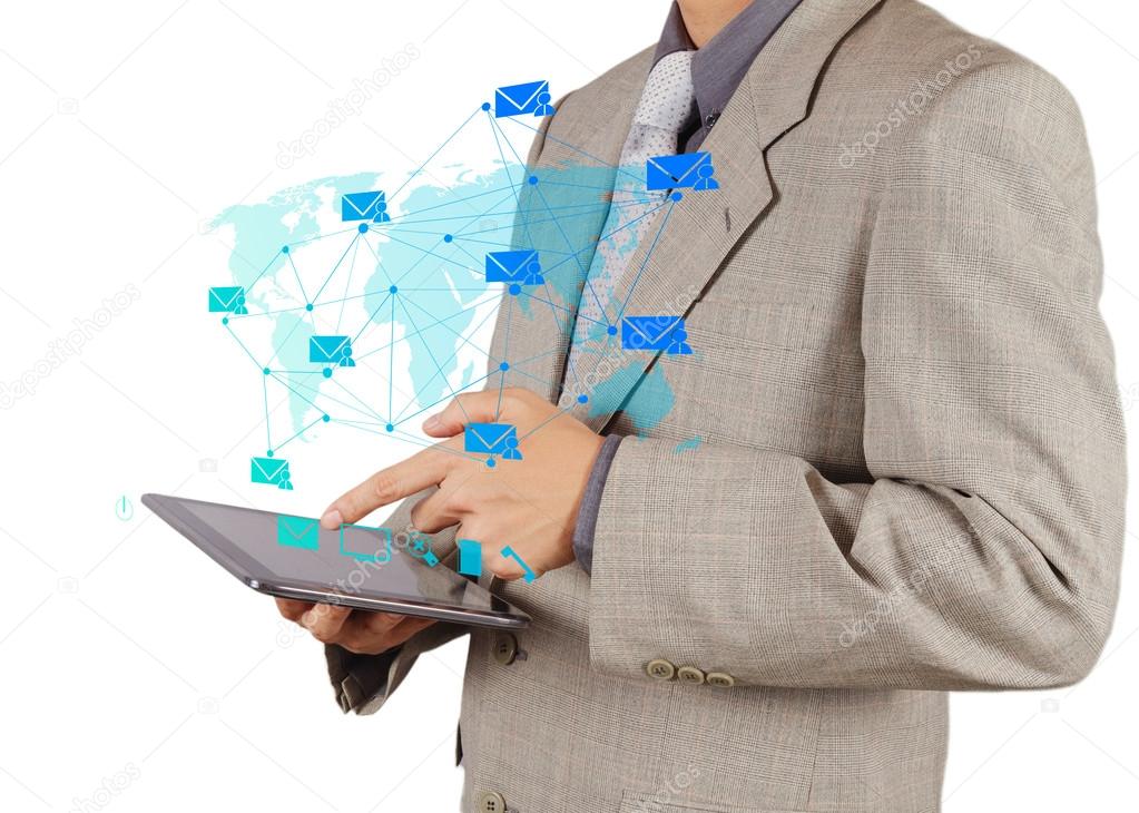 businessman hand working with tablet computer sending email