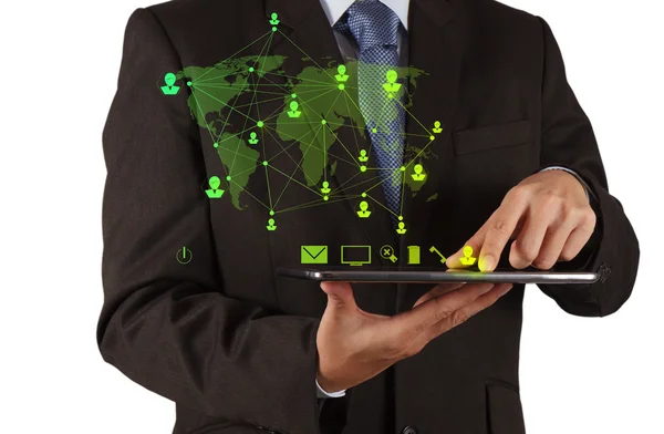 Businessman using tablet computer shows social network — Stock Photo, Image