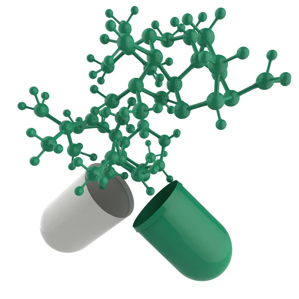 Cápsula médica verde y estructura molecular — Foto de Stock