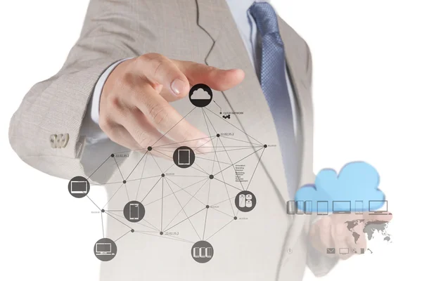 Mão de homem de negócios trabalhando com um diagrama de computação em nuvem — Fotografia de Stock